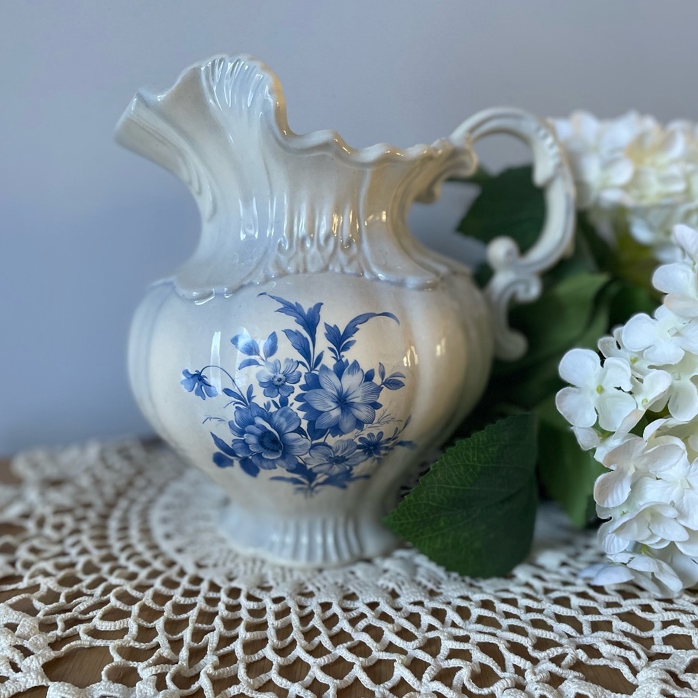 Vintage Arnels Ceramic Pitcher Vase with Blue Floral Design 70s